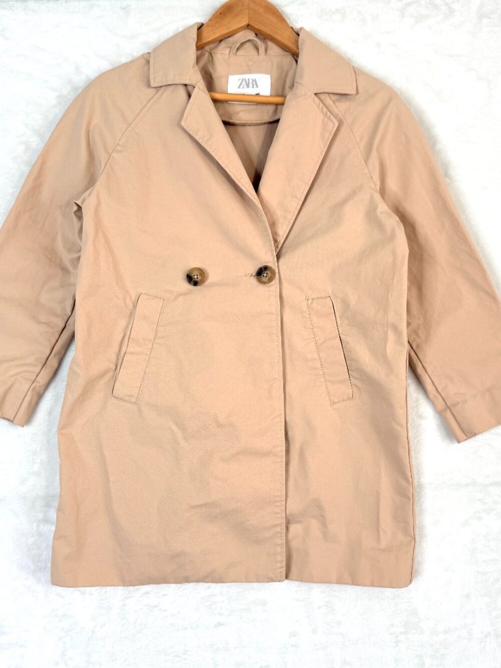 ZARA Girls Cotton Lightweight Preppy Raglan Double Breasted Trench Coat 8 Beige